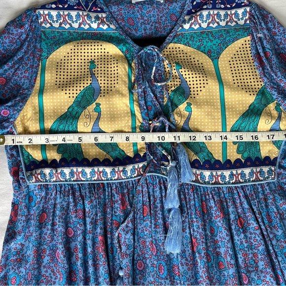 R. Vivimos Boho Festival Midi Blue/Yellow Peacock Print Dress Womens Sz L EUC - Picture 13 of 15